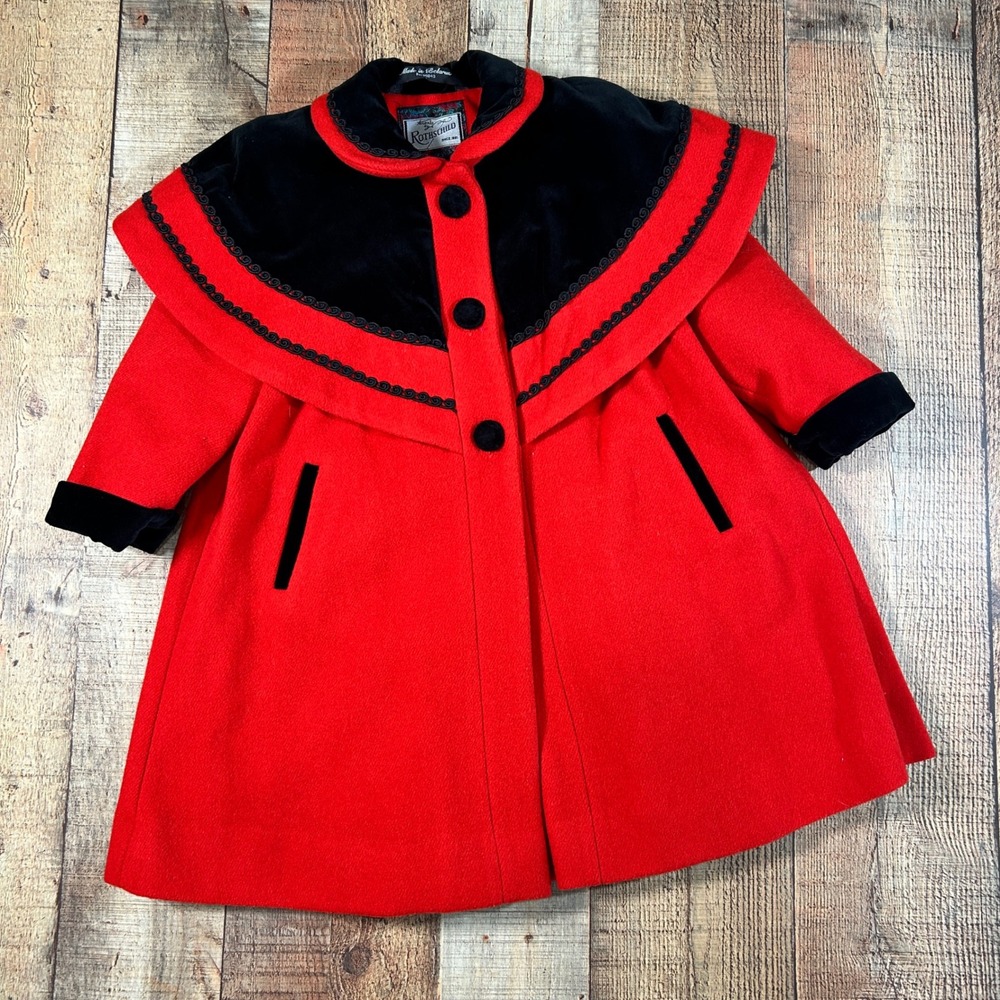 Vintage Rothschild Girls 3T Red Wool Dress Coat Black Velvet Cape Collar Holiday